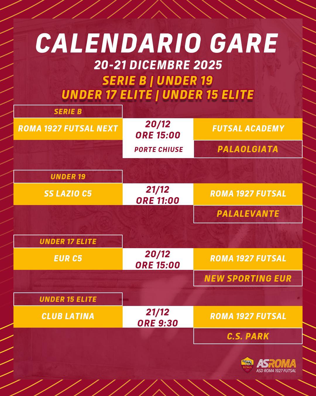 Calendario gare 20/21 dicembre 2025