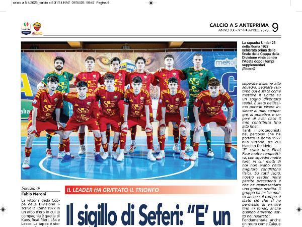 La copertina e le pagine di Calcio a 5 Anteprima mensile aprile 2025 dedicate alla Roma 1927 Futsal