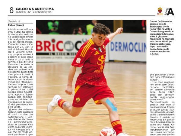 La copertina e le pagine di Calcio a 5 Anteprima mensile gennaio 2025 dedicate alla Roma 1927 Futsal