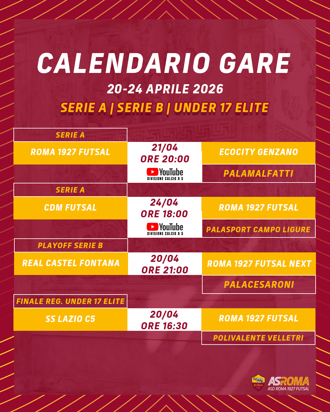 Calendario gare 20-24 aprile 2026