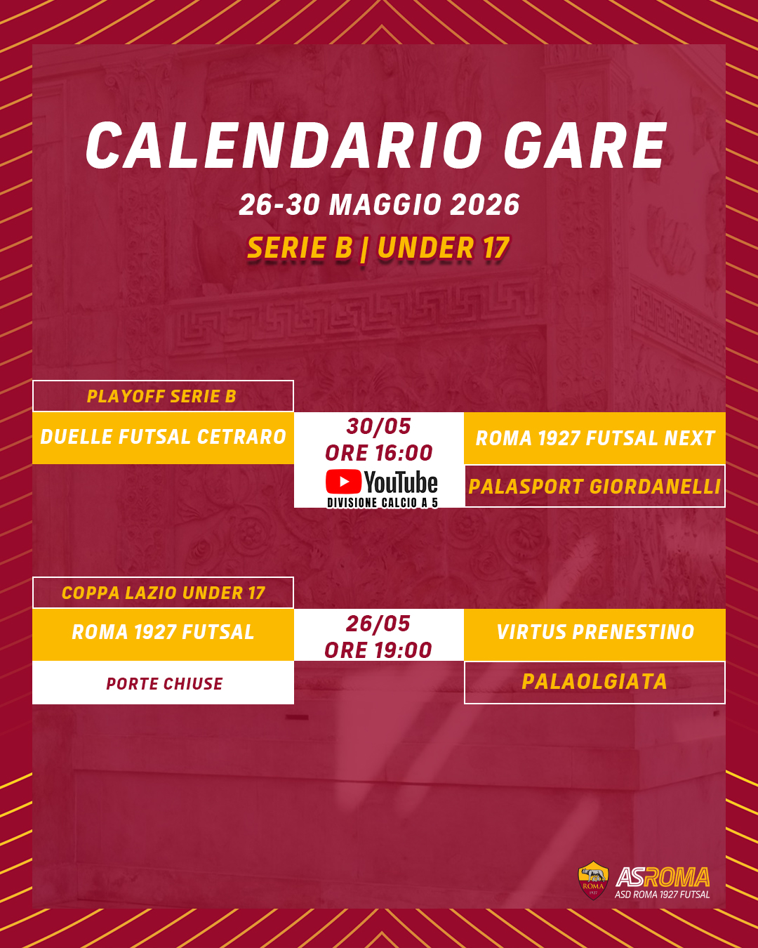 Calendario gare 26-30 maggio 2026