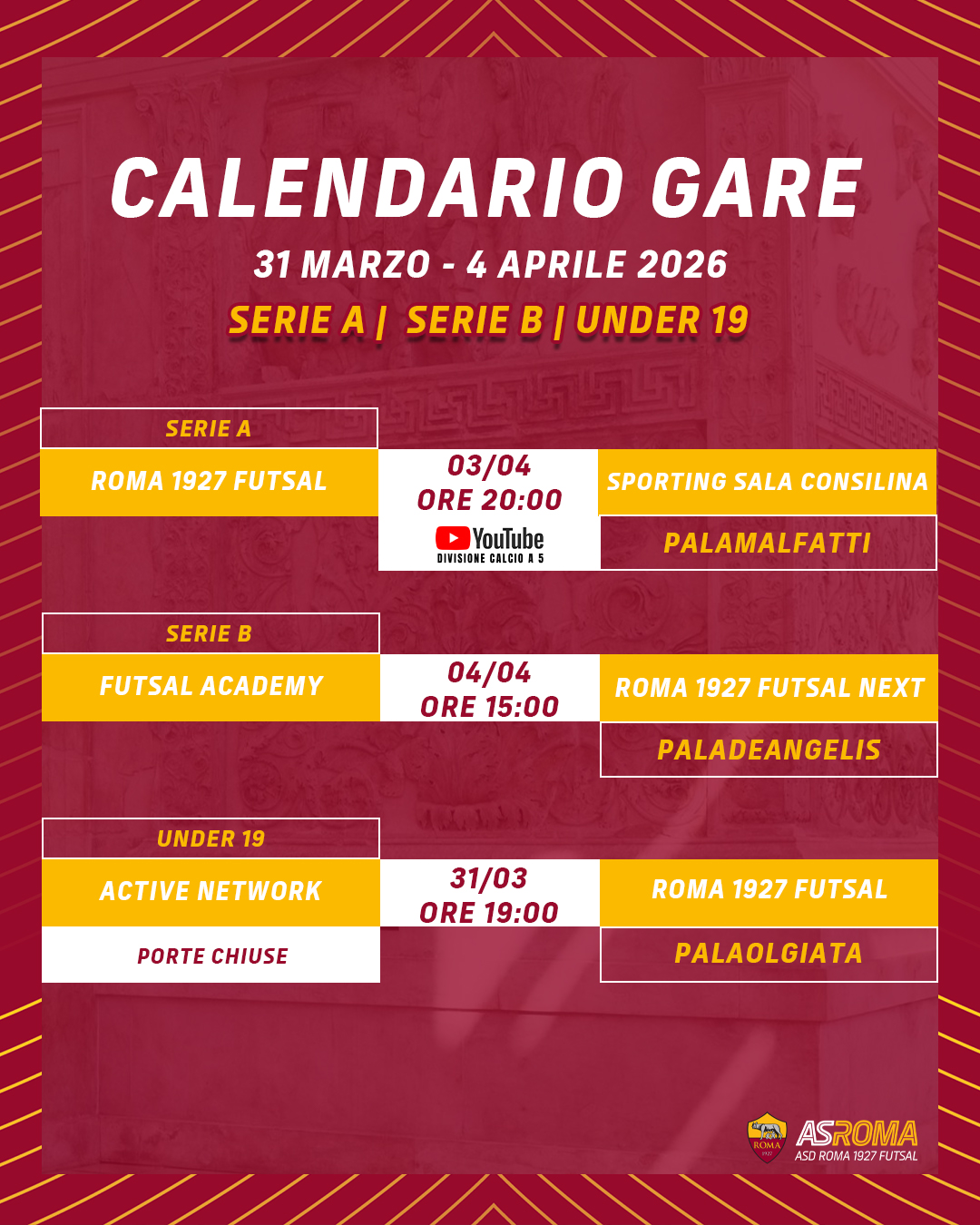 Calendario gare 31 marzo - 4 aprile 2026