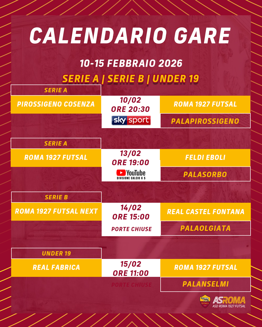 Calendario gare 10-15 febbraio 2026