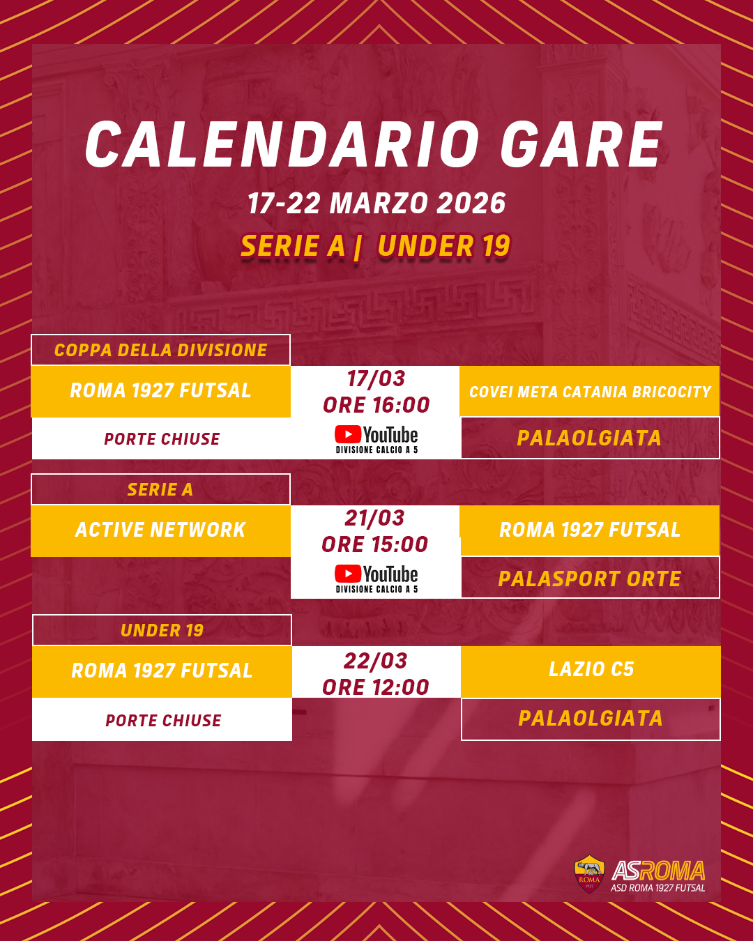 Calendario gare 17 - 22 marzo 2026