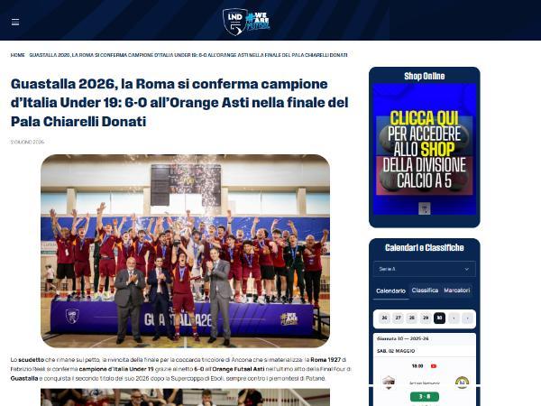 L'articolo della Divisione Calcio a 5 sulla vittoria dello Scudetto 25/26 Under 19