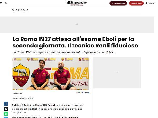 L'articolo su Il Messaggero dedicato alla Roma 1927 Futsal