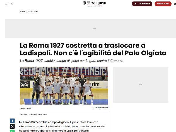 L'articolo su Il Messaggero dedicato alla Roma 1927 Futsal