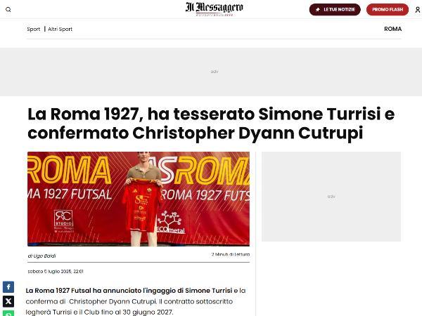 L'articolo su Il Messaggero dedicato alla Roma 1927 Futsal