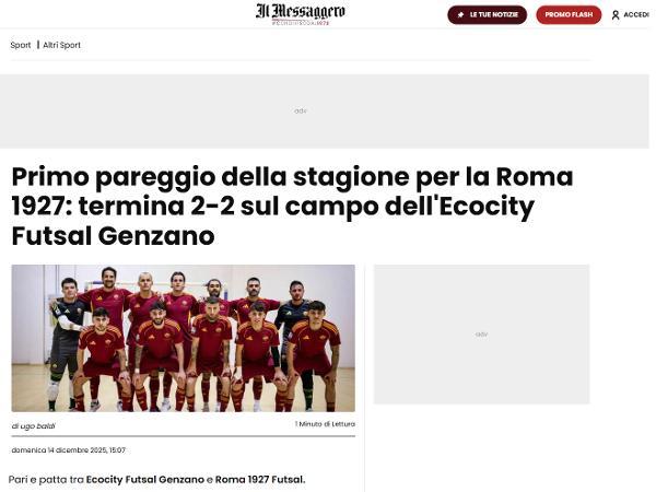 L'articolo su Il Messaggero dedicato alla Roma 1927 Futsal