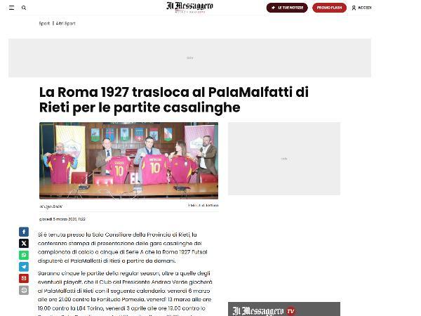 L'articolo su Il Messaggero dedicato alla Roma 1927 Futsal