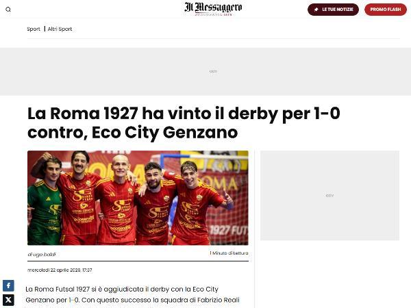 L'articolo su Il Messaggero dedicato alla Roma 1927 Futsal