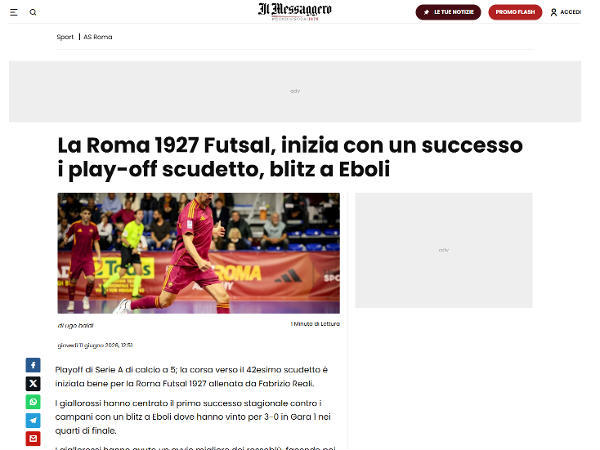 L'articolo su Il Messaggero dedicato alla Roma 1927 Futsal