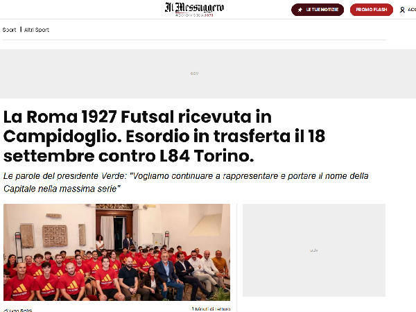 L'articolo su Il Messaggero dedicato alla Roma 1927 Futsal