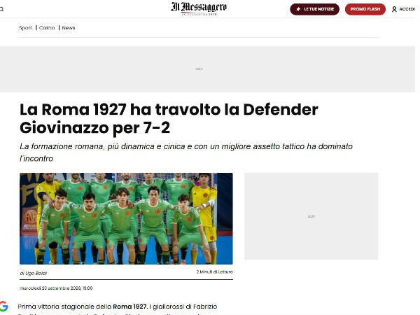 L'articolo su Il Messaggero dedicato alla Roma 1927 Futsal