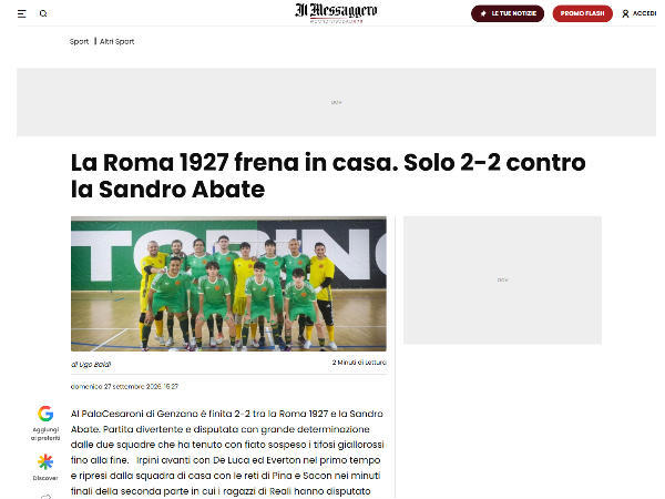 L'articolo su Il Messaggero dedicato alla Roma 1927 Futsal