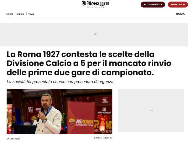 L'articolo su Il Messaggero dedicato alla Roma 1927 Futsal