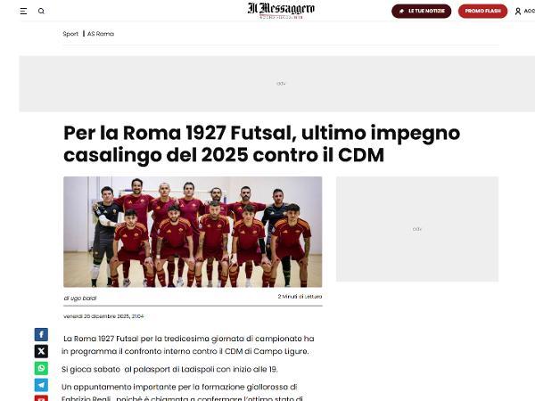 L'articolo su Il Messaggero dedicato alla Roma 1927 Futsal