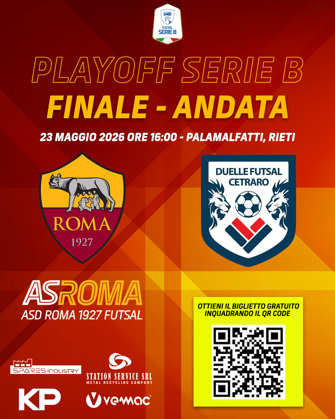 Serie B | Ingresso gratuito previa registrazione | Roma 1927 Next - Duelle Futsal Cetraro 