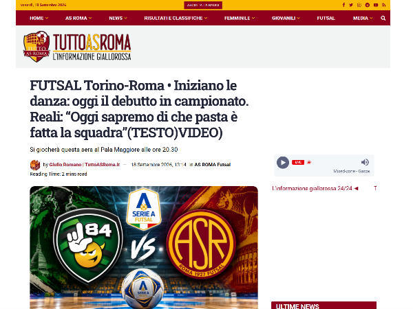 L'articolo su TuttoASRoma.it dedicato alla Roma 1927 Futsal
